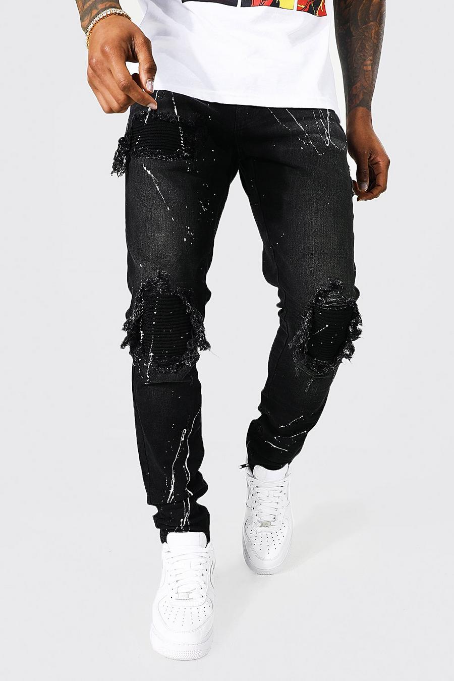 שחור דהוי סקיני ג'ינס סטרץ' בסגנון אופנוענים עם קרעים וטלאים image number 1