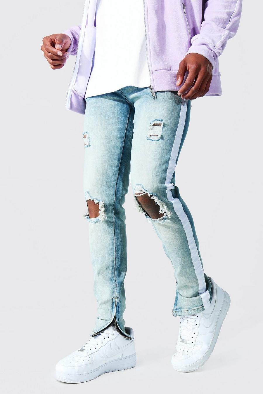 Skinny Stretch Jeans mit Riss an Knie und Seitenstreifen, Light blue image number 1