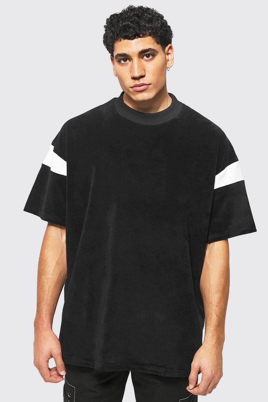 Black Oversized Fit Panelled Velour T-shirt image number 1