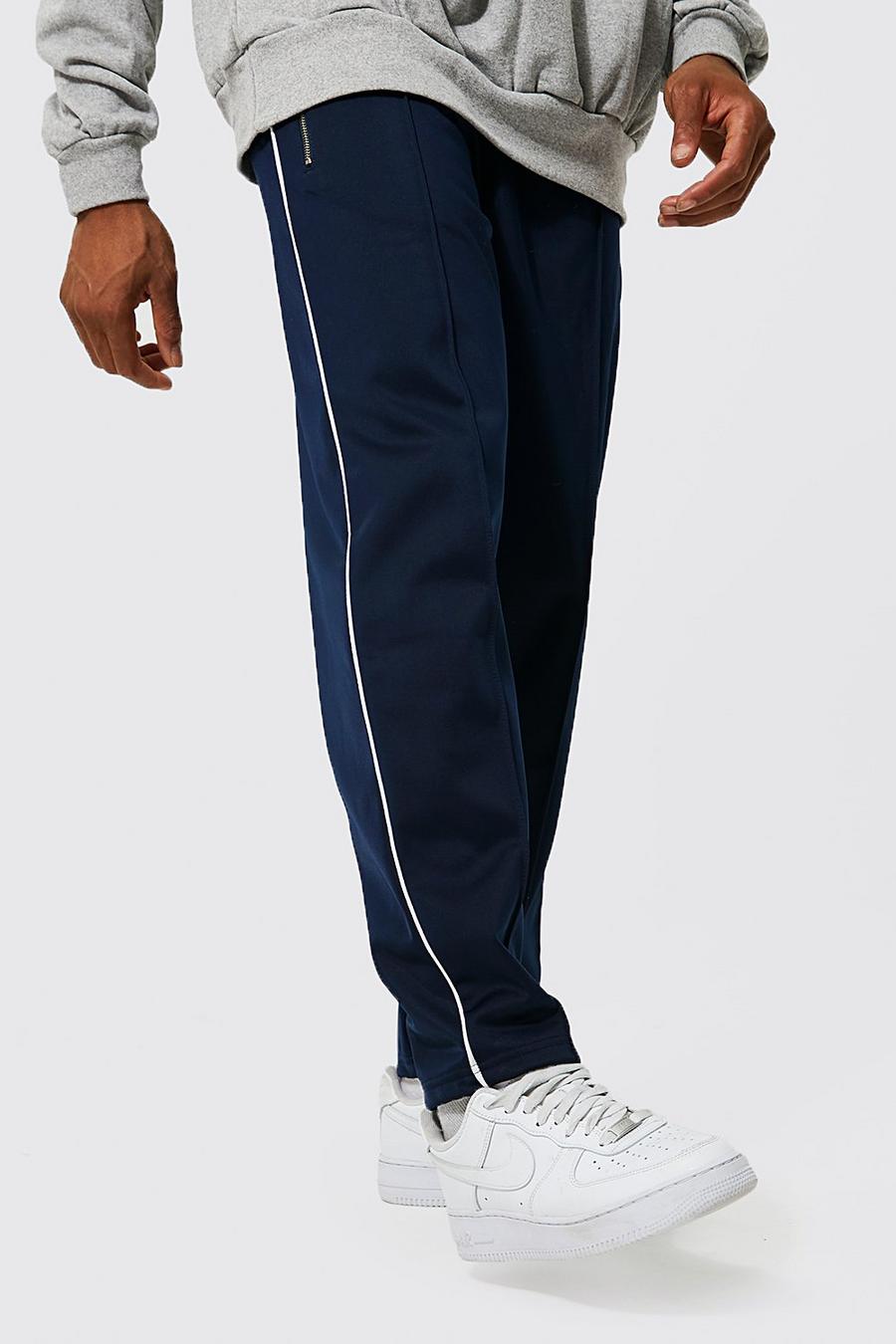 Navy Tapered Cropped Tricot Joggers With Piping image number 1