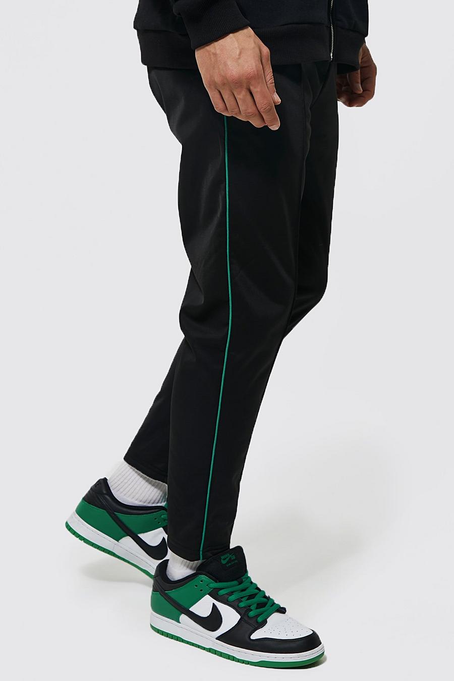 Black Tapered Cropped Tricot Joggers With Piping image number 1
