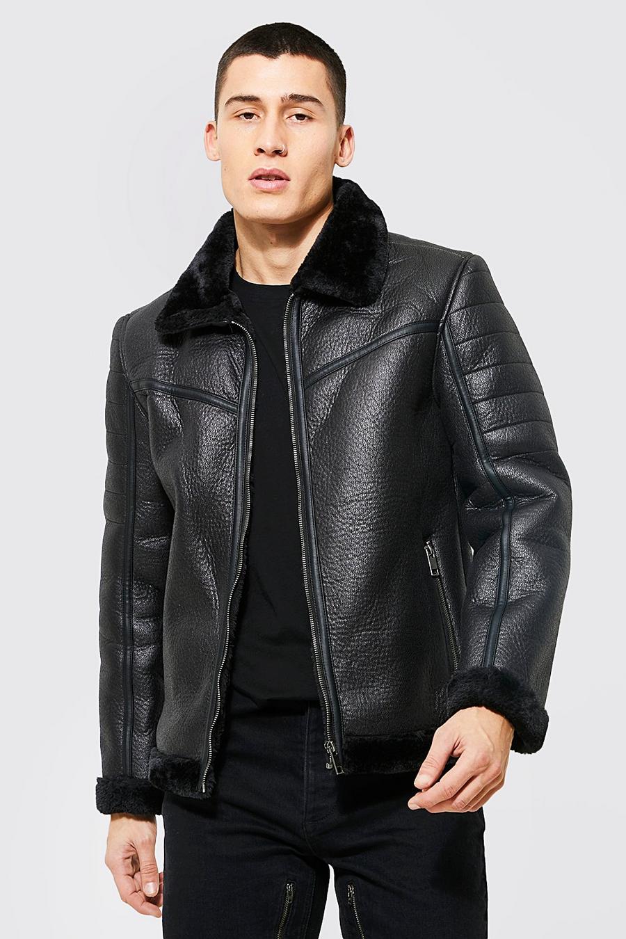 Black Aviator Bomber With Faux Fur Collar image number 1