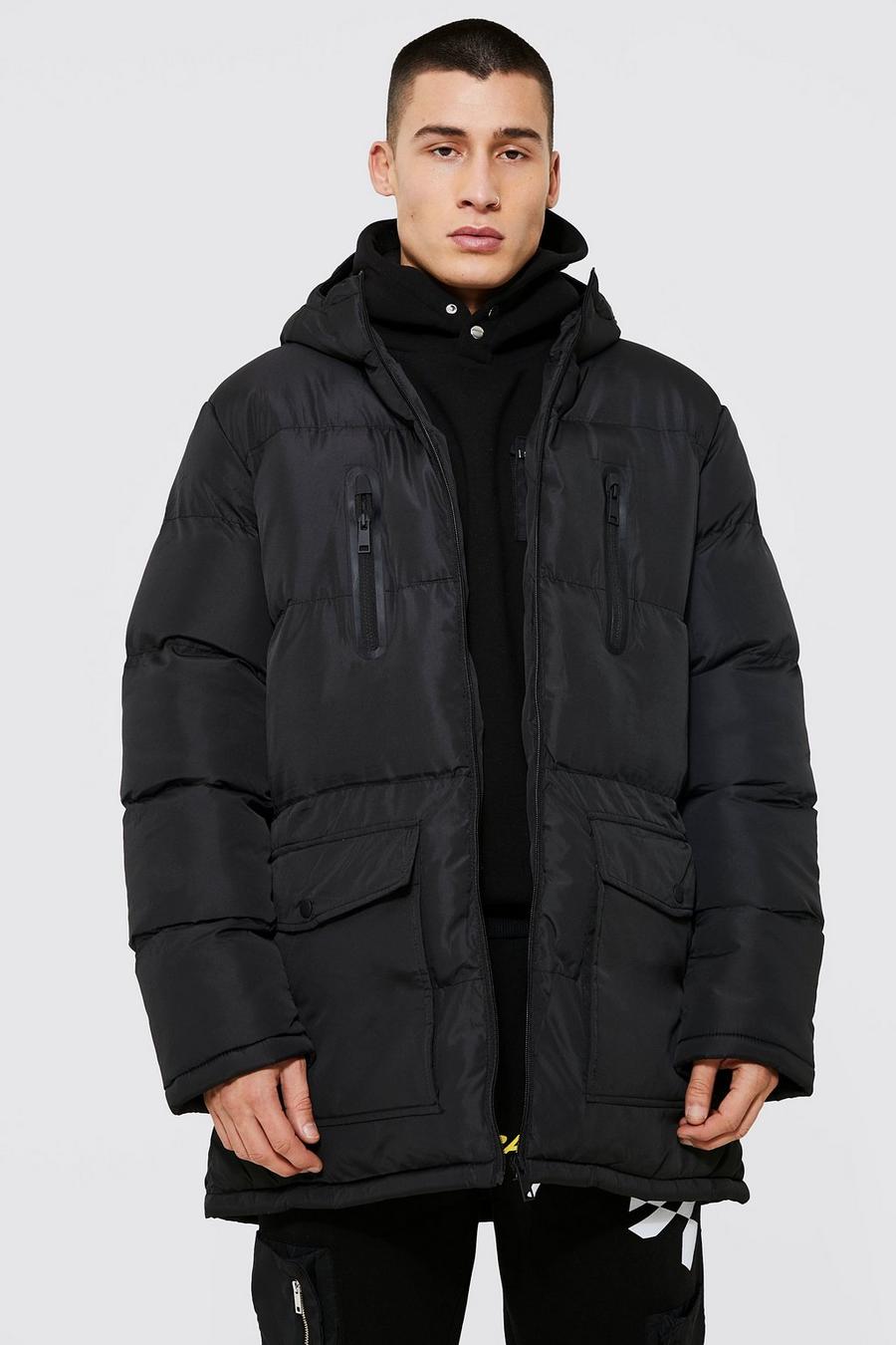 Black Longline Quilted Puffer With Chest Zip image number 1