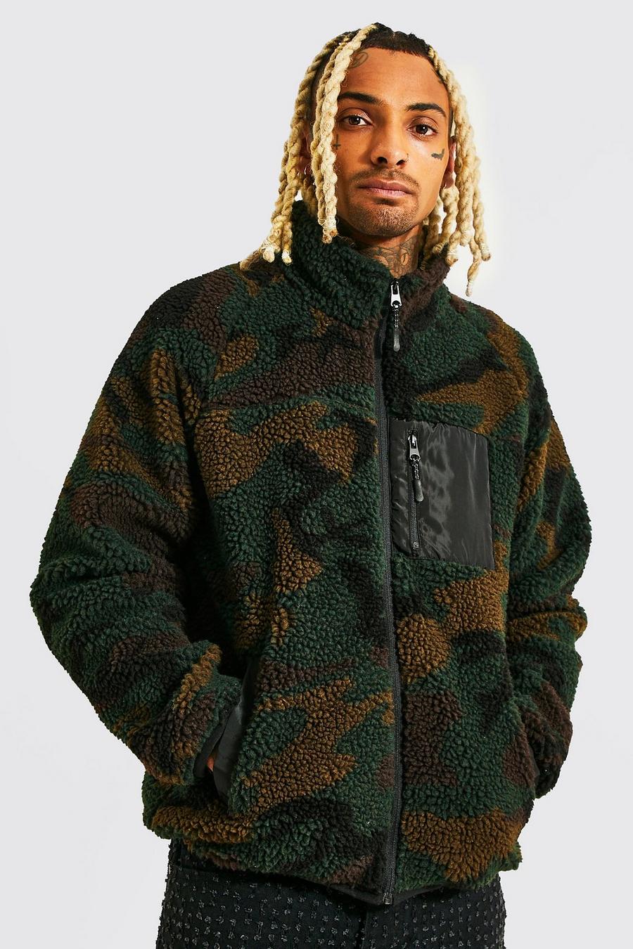 Camouflage Borg-Jacke mit Trichterkragen, Camo khakifarben