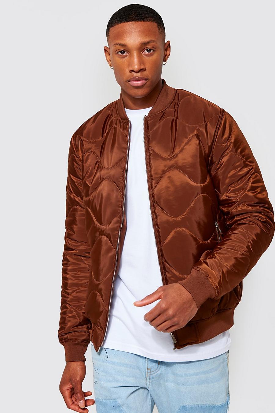 Brown Waved Quilted Padded Bomber image number 1