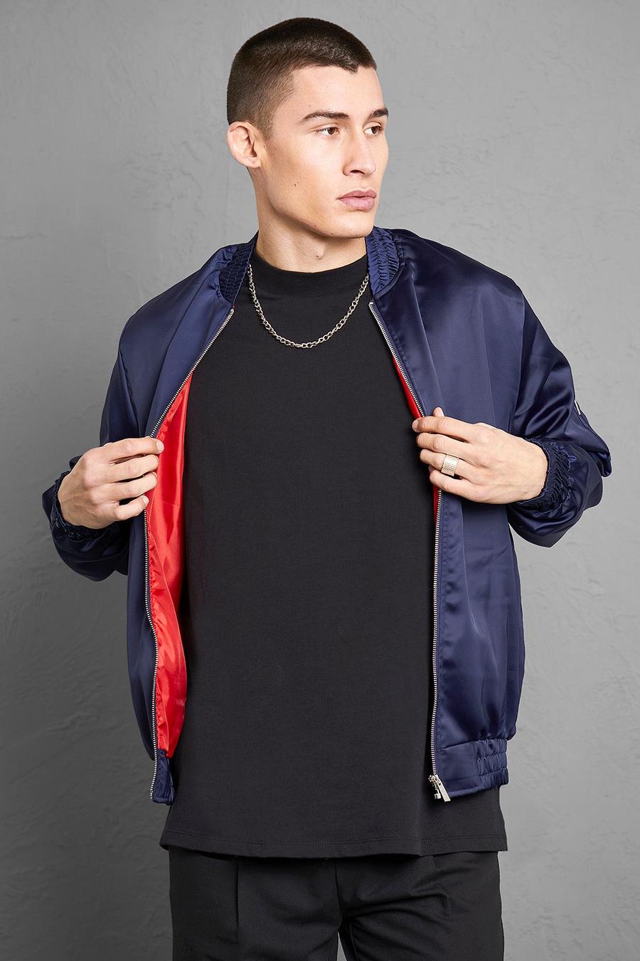 Navy Satin Ruched Collar And Hem Contrast Bomber