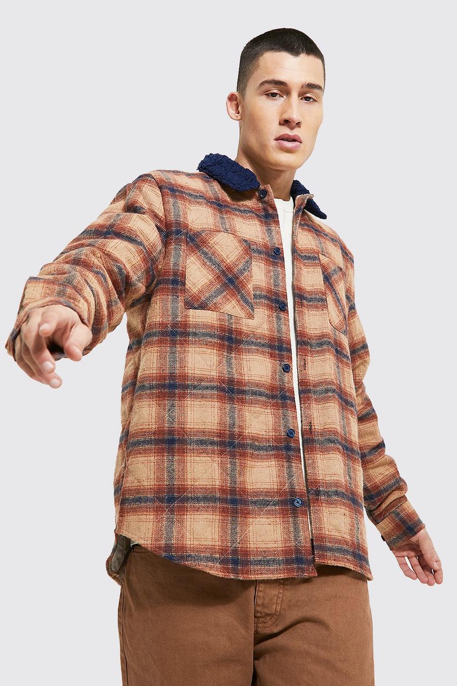 Brown Quilted Check Borg Collar Overshirt image number 1