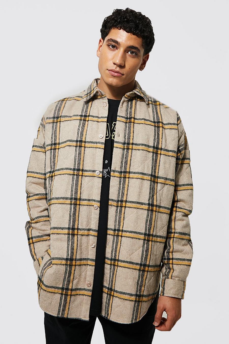 Beige Oversized Quilted Check Curved Hem Overshirt image number 1