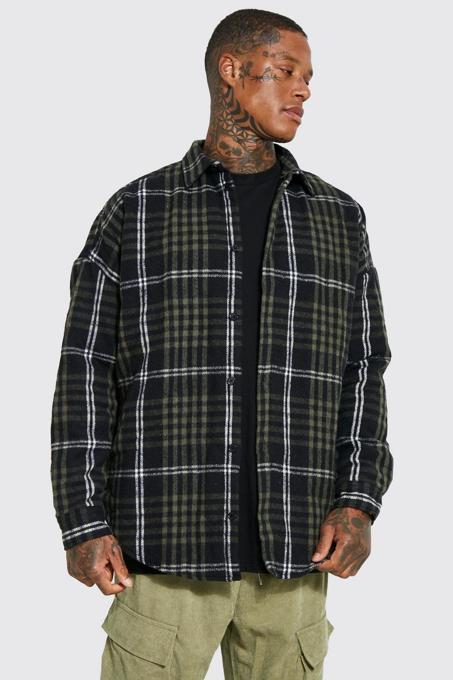 Black Oversized Quilted Check Curved Hem Overshirt