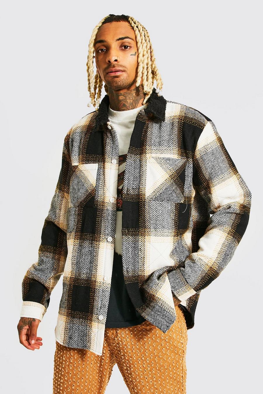 Black Quilted Check Borg Collar Overshirt image number 1