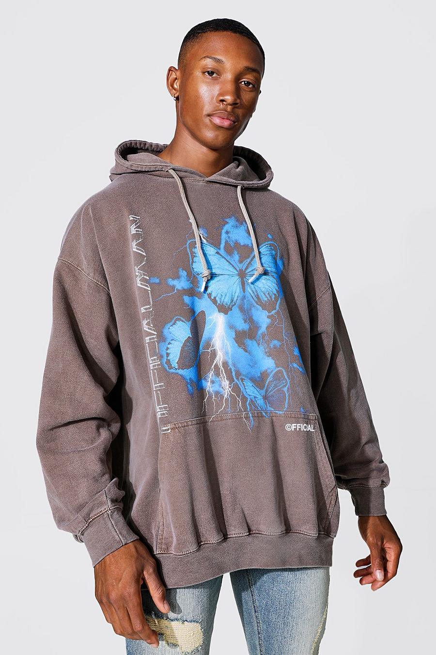 Chocolate Oversized Butterfly Print Overdye Hoodie image number 1