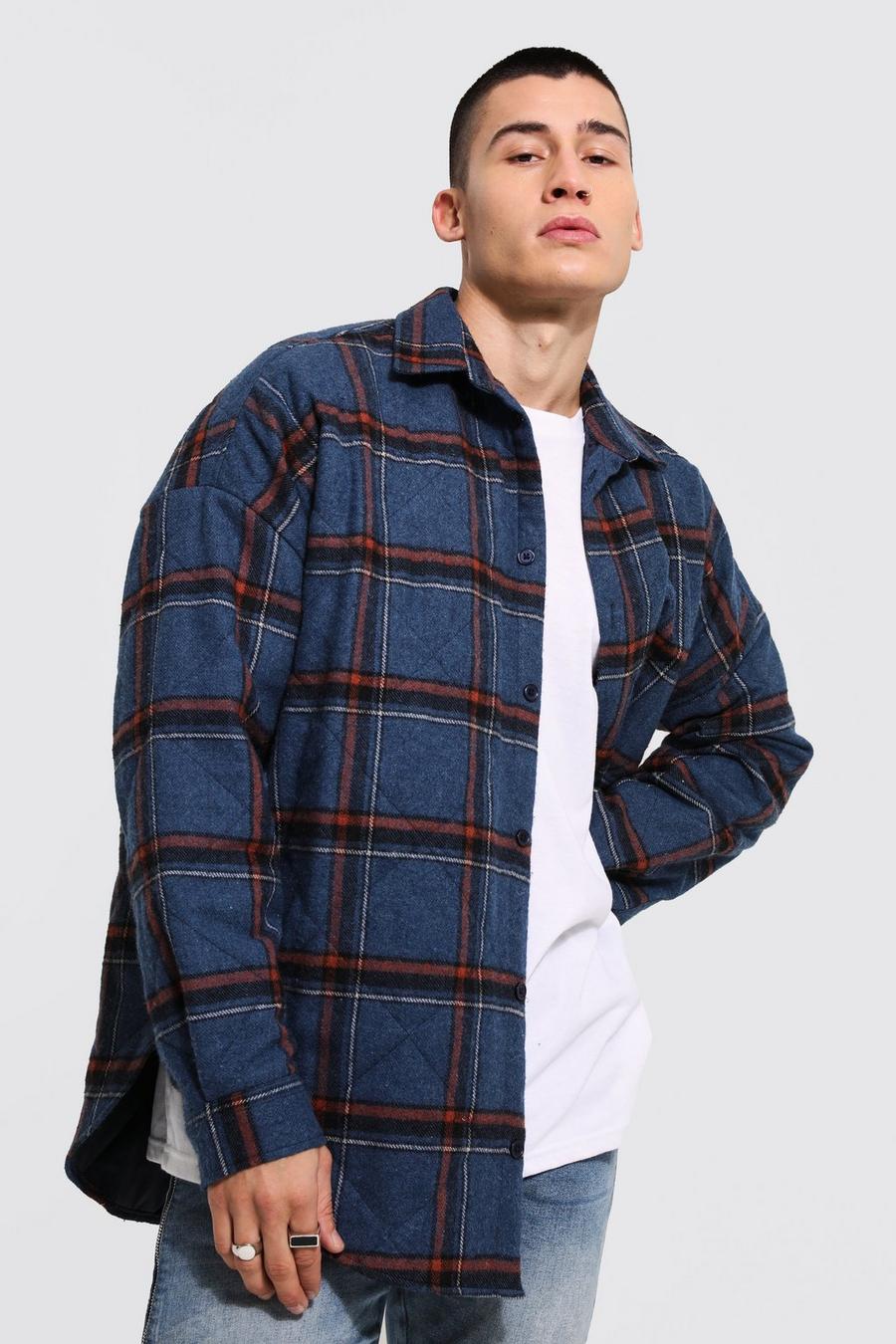 Navy Oversized Quilted Check Curved Hem Overshirt image number 1