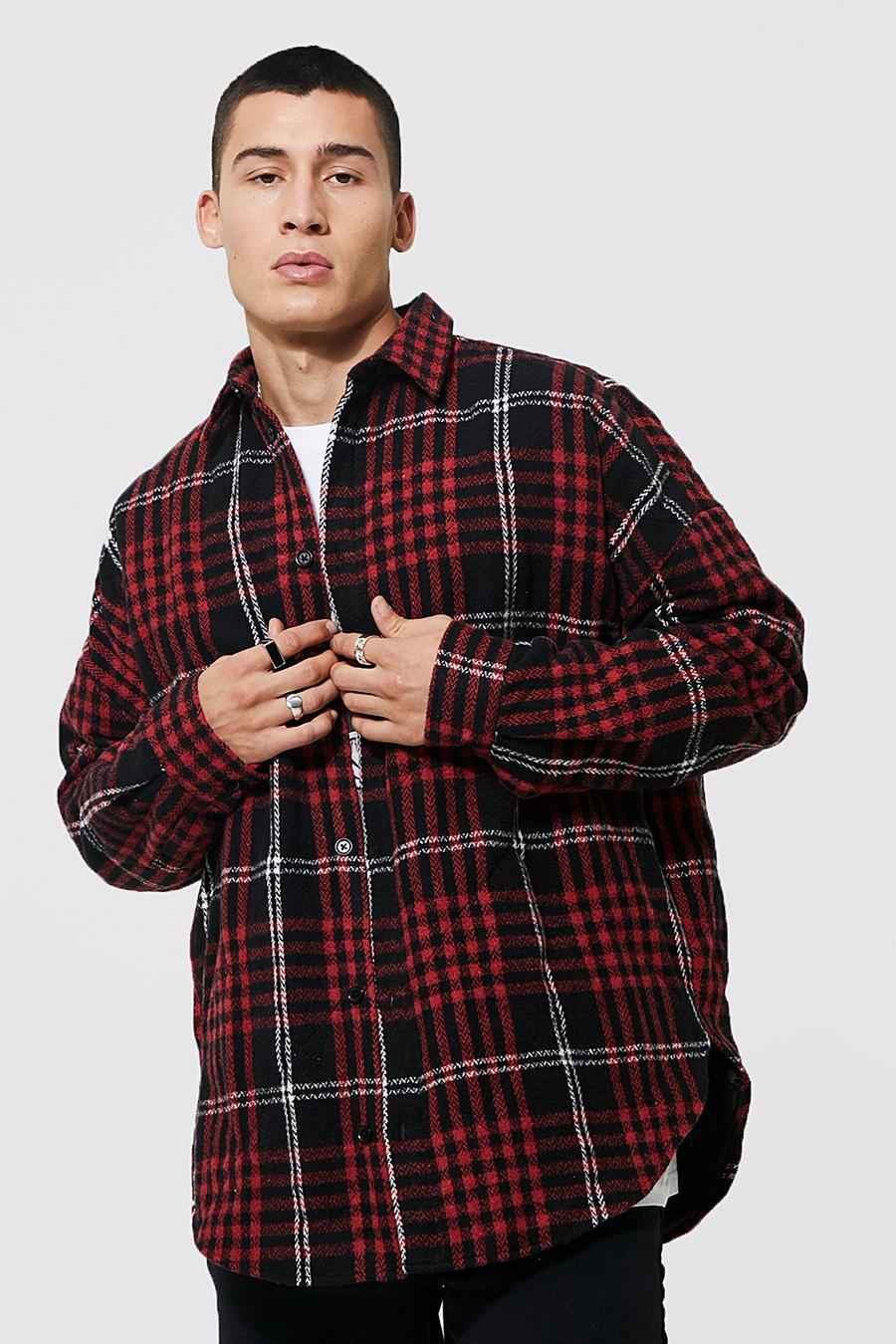 Red röd Oversized Quilted Check Curved Hem Overshirt image number 1