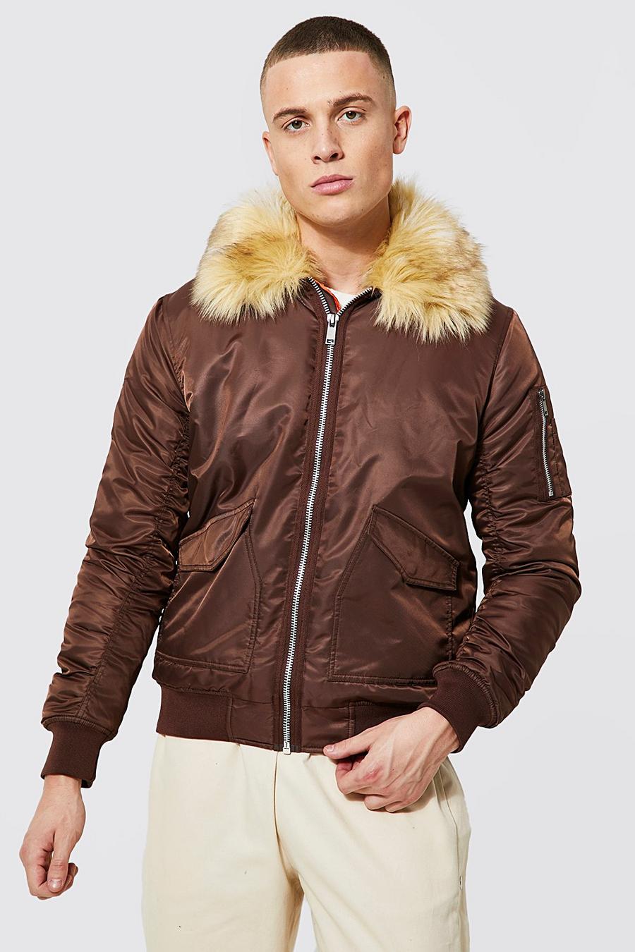 Chocolate Faux Fur Lined Ma1 Bomber Jacket image number 1