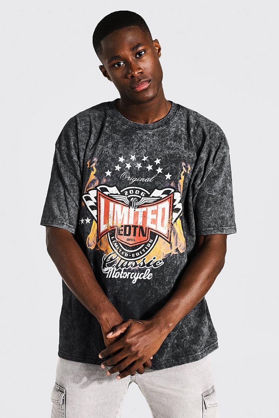 Camiseta oversize con lavado de ácido y estampado gráfico de llamas, Charcoal image number 1