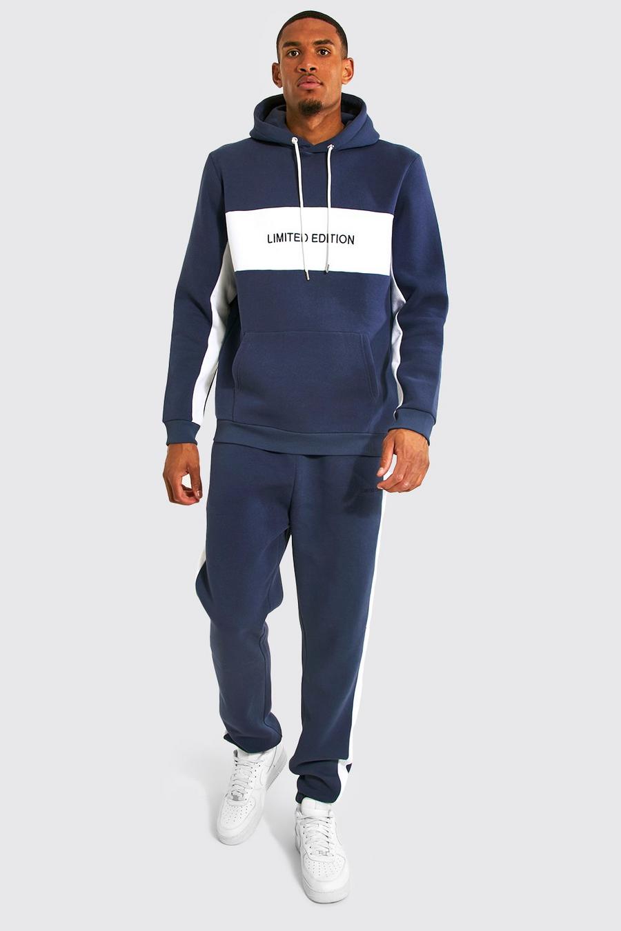 Navy marinblå Tall Limited Edition Colour Block Hooded Tracksuit image number 1