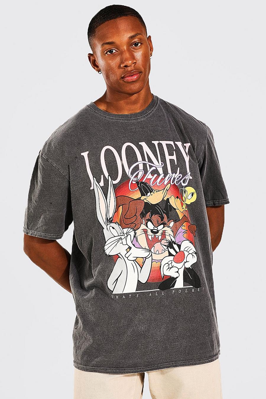 Camiseta oversize sobreteñida con estampado de los Looney Tunes, Charcoal image number 1