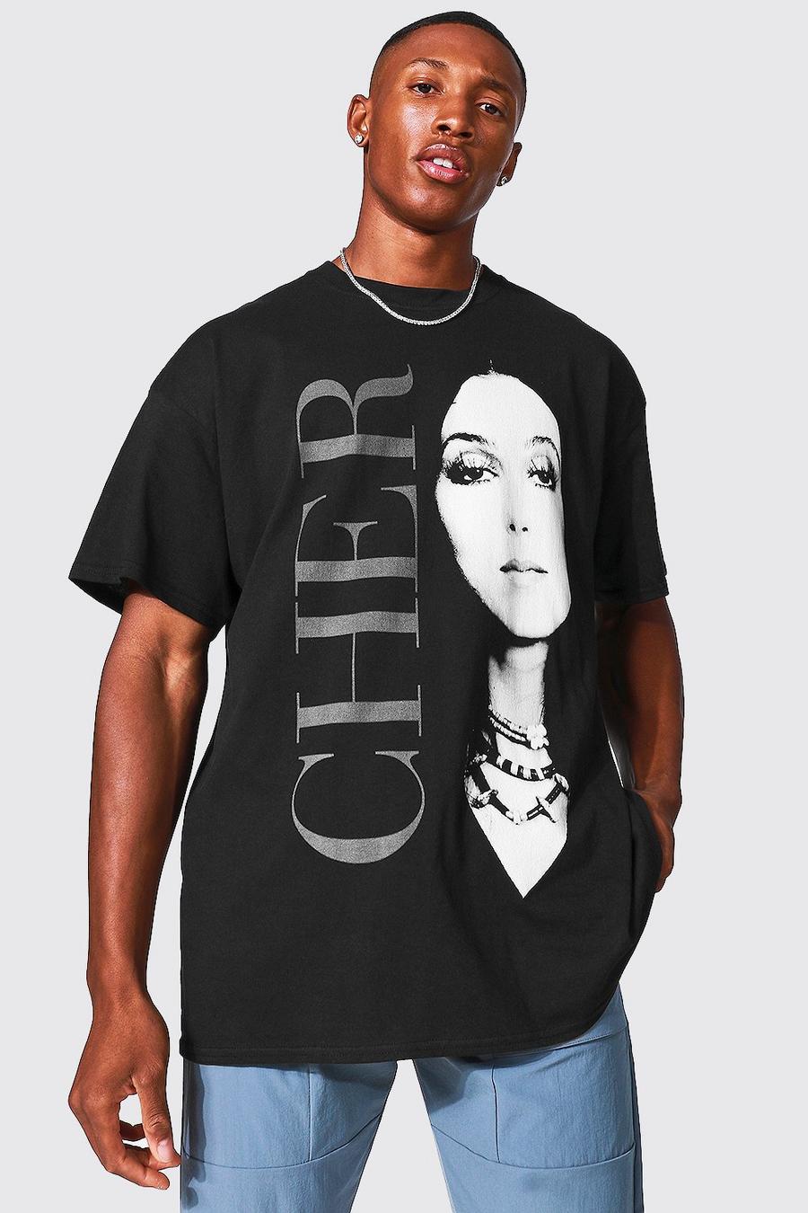 שחור טישרט אוברסייז בצביעה כפולה עם הדפס ממותג של Cher image number 1