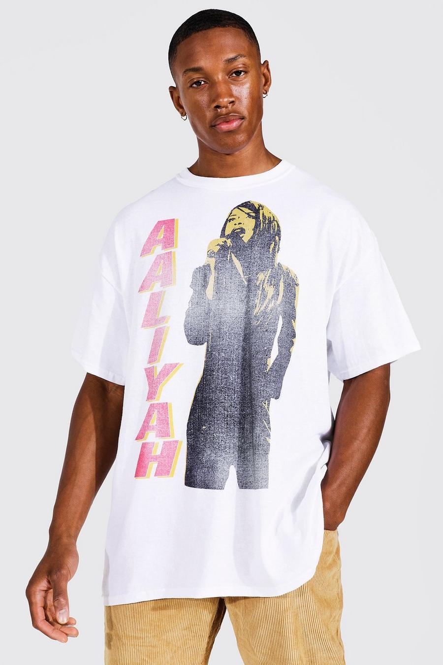 לבן טישרט אוברסייז ממותג עם הדפס Aaliyah image number 1