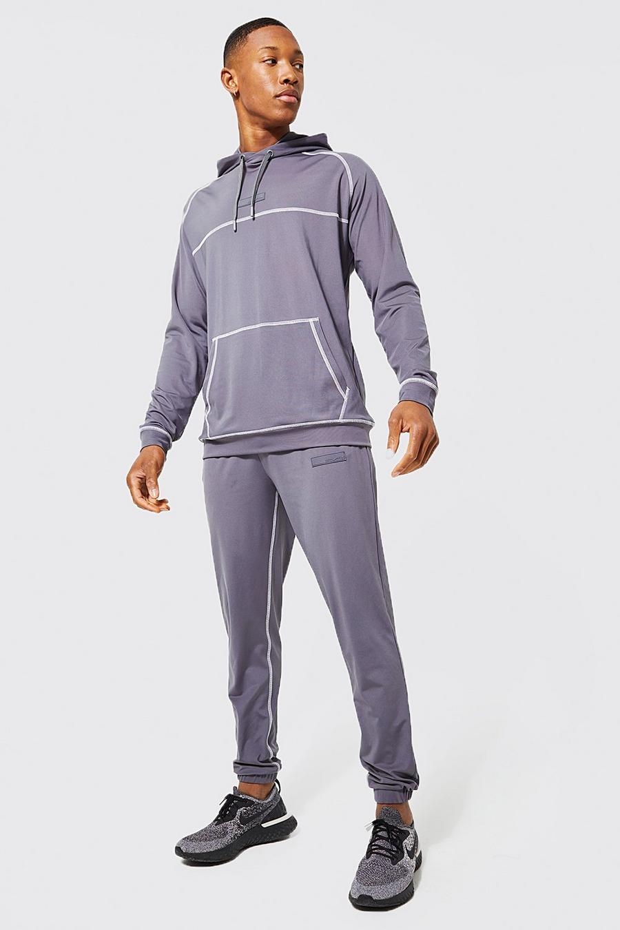 Charcoal grigio Active Gym Hooded Tracksuit With Seam Detail