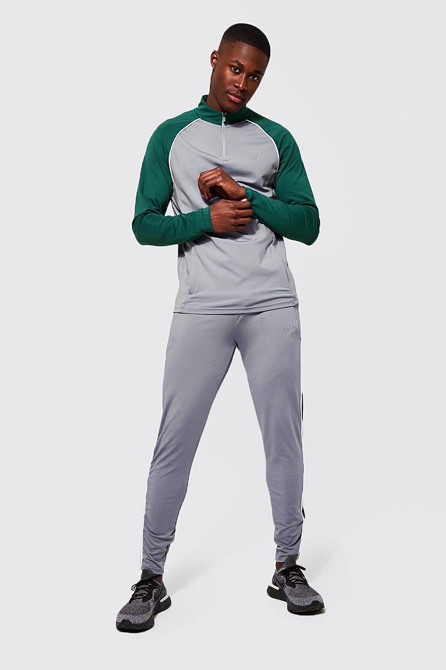 Green Active Gym ¼ Zip Raglan Tracksuit With Piping image number 1