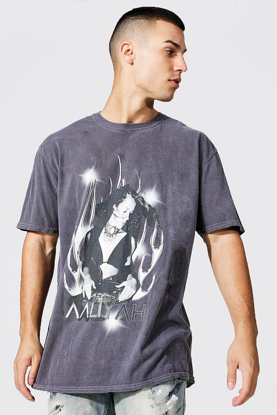 Black Oversized Gelicenseerd Acid Wash Gebleekt Aaliyah T-Shirt image number 1
