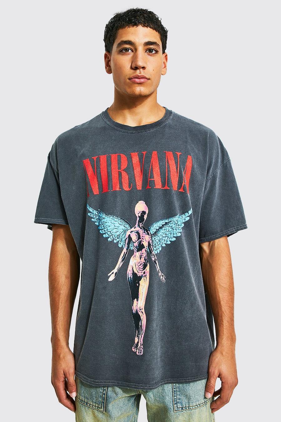 Oversize T-Shirt mit Acid-Waschung mit Nirvana-Print, Charcoal image number 1