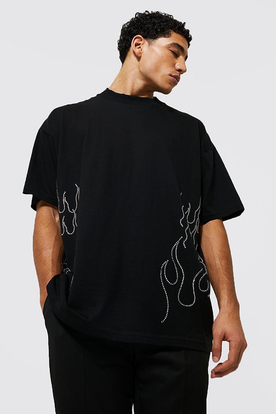 T-shirt oversize con fiamme e strass, Black image number 1