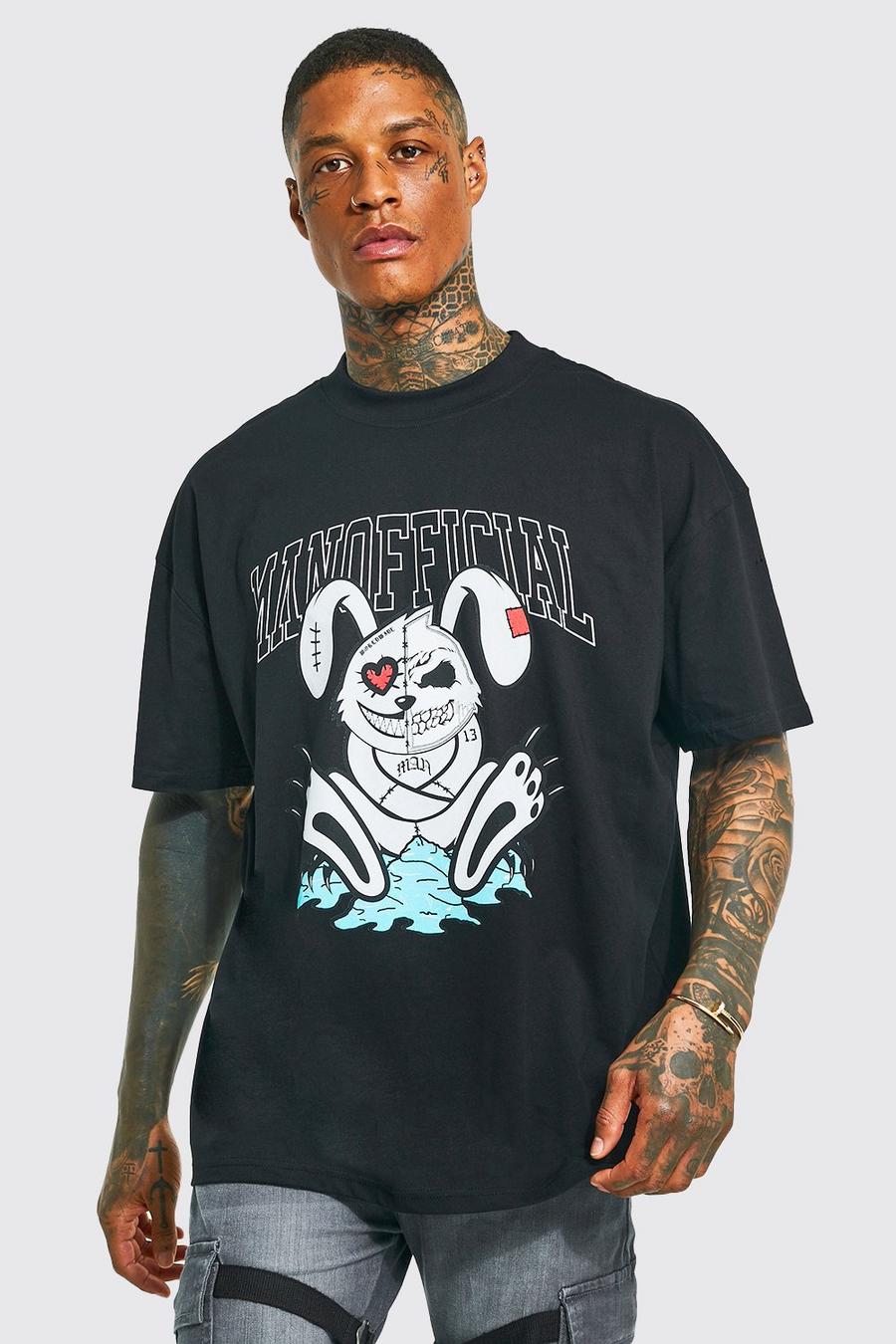 Black Oversized Extended Neck Evil Bunny T-shirt image number 1