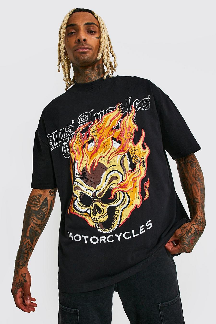 Camiseta oversize con cuello extendido y estampado gráfico de fuego, Black negro image number 1