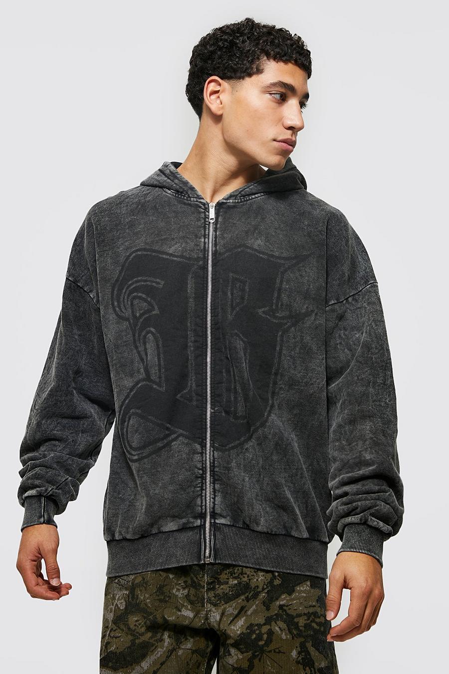 Charcoal Oversize hoodie med stentvättad effekt och dragkedja image number 1