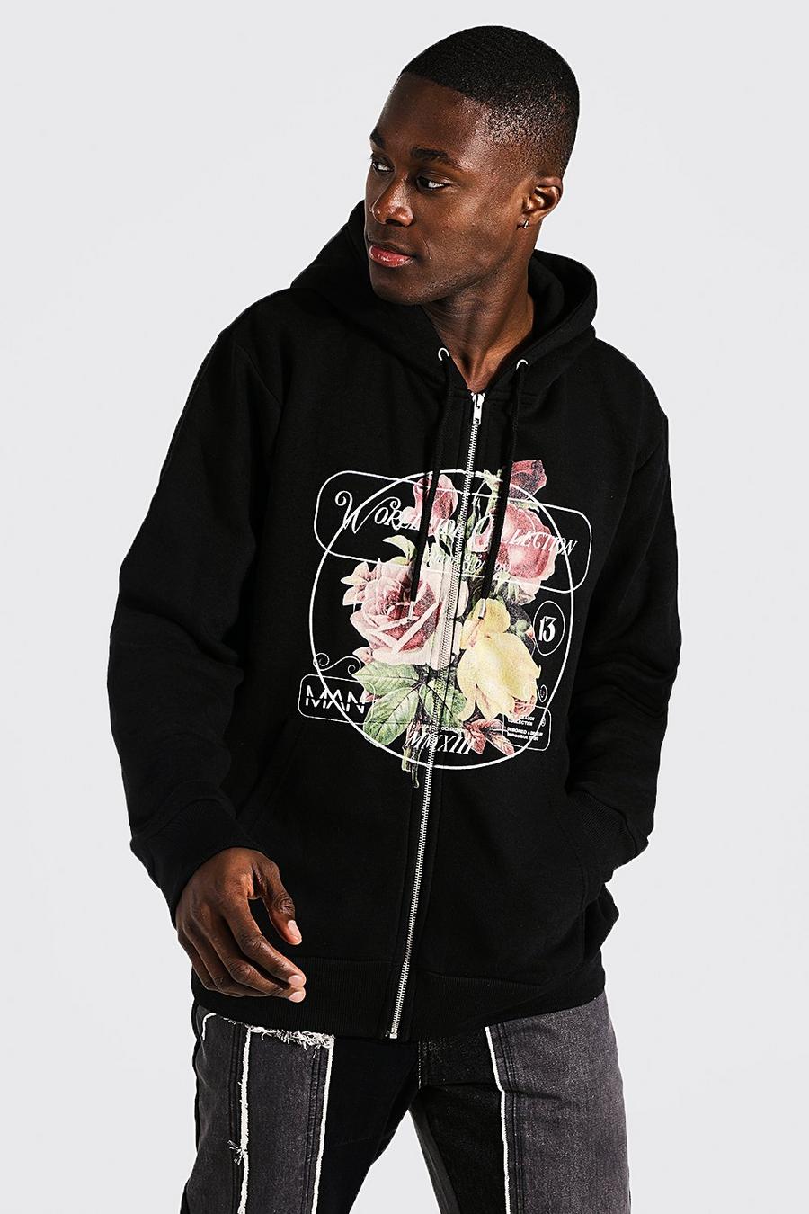 Black Oversized Floral Graphic Zip Through Hoodie image number 1