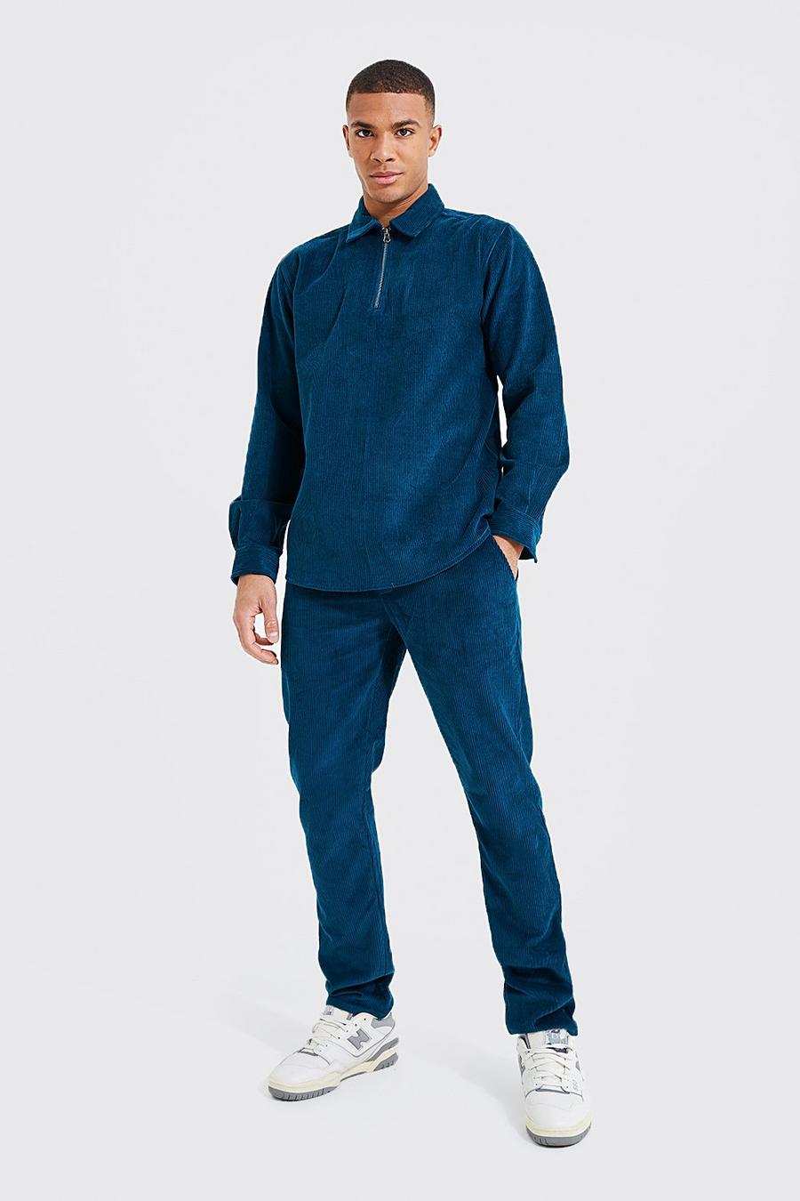 Navy Cord Half Zip Shirt And Trouser Set image number 1
