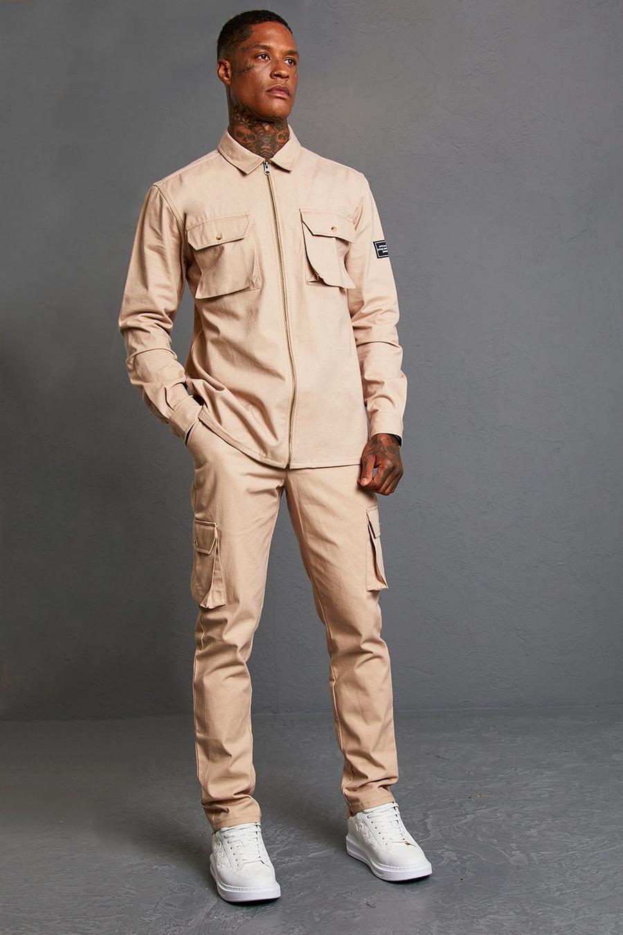 Taupe beige סט מכנסיים וחולצה בסגנון שימושי עם רוכסן