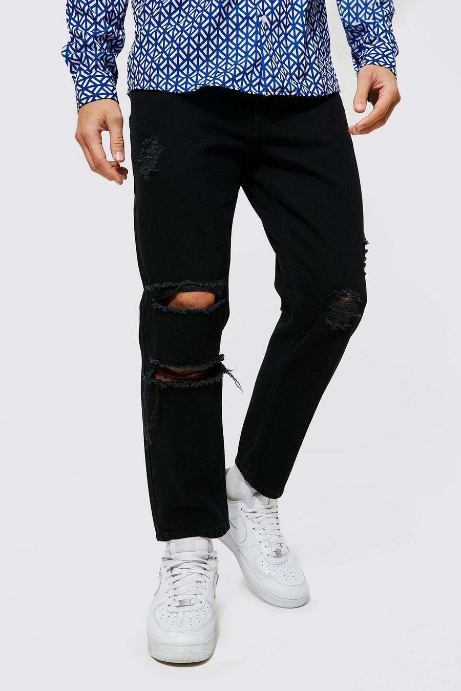 Jeans affusolati in denim rigido con strappi, Washed black image number 1
