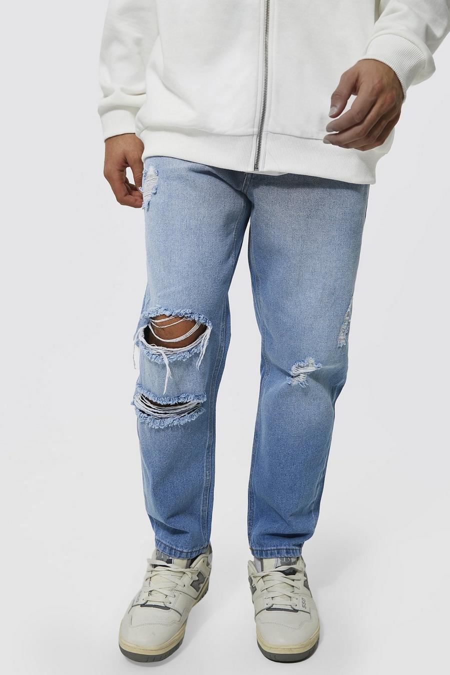 Jeans affusolati in denim rigido con strappi, Light blue image number 1