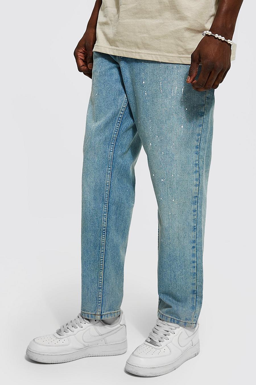 כחול עתיק מכנסי ג'ינס בגזרת קרסול צרה עם כתמי נתז צבע image number 1