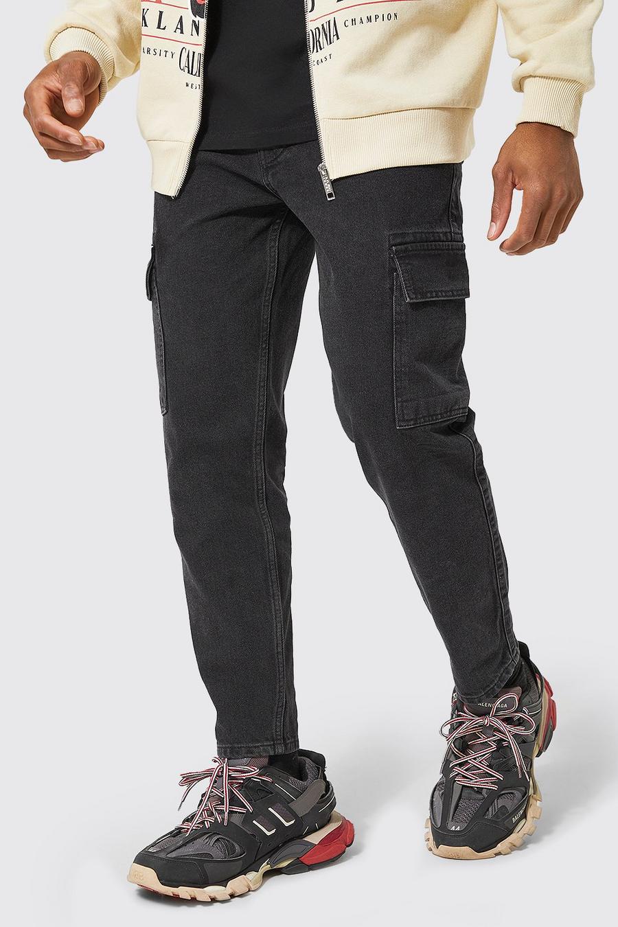 Washed black Tapered Fit Rigid Cargo Jeans image number 1