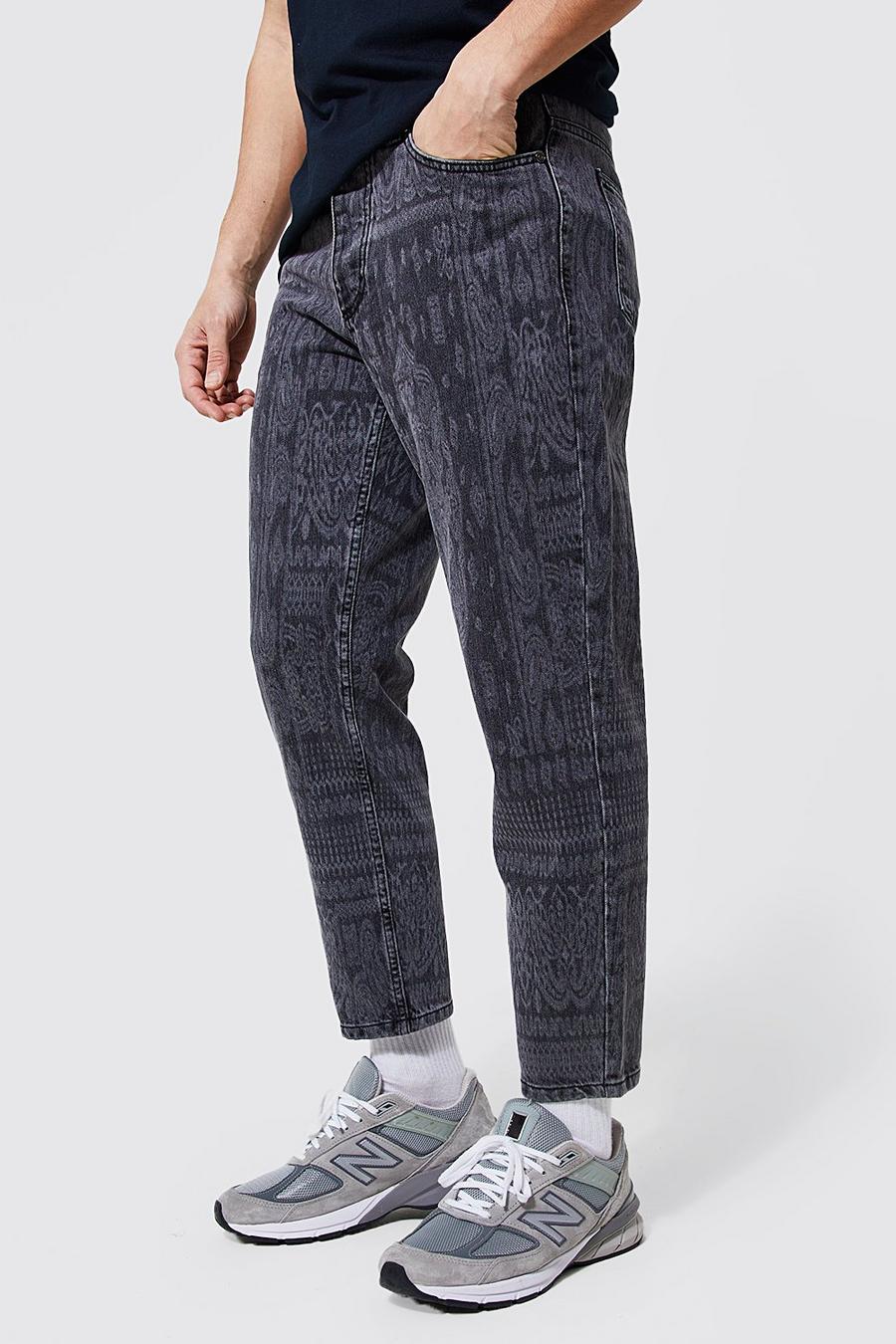 Jeans affusolati in denim rigido in fantasia a bandana, Mid grey image number 1