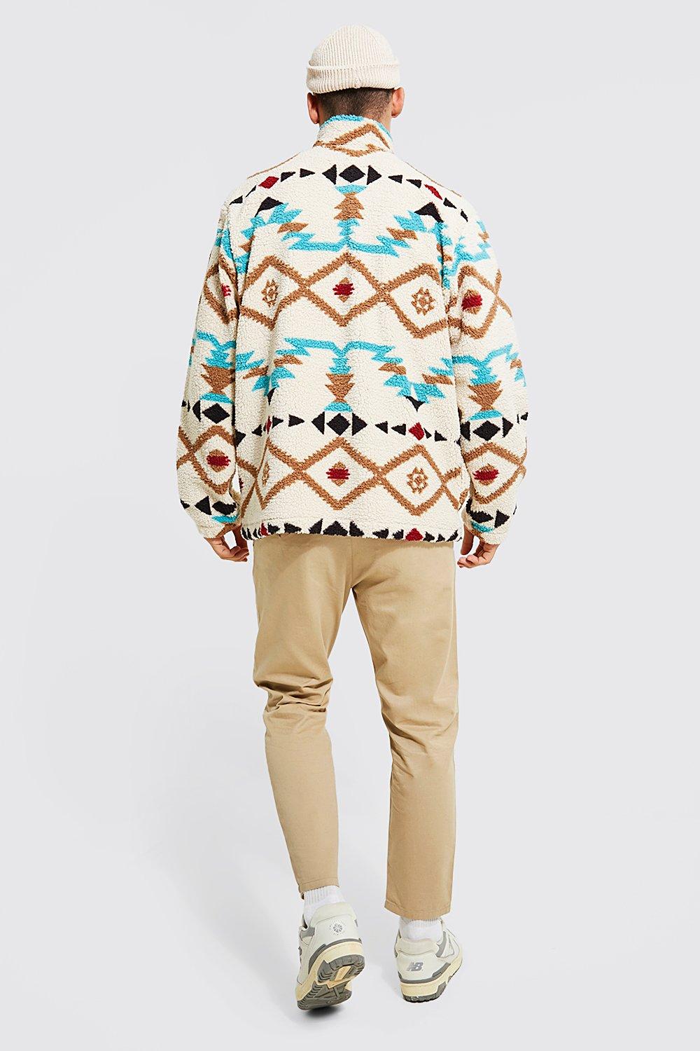 Men's Oversized Aztec Print Borg Half Zip Neck Top