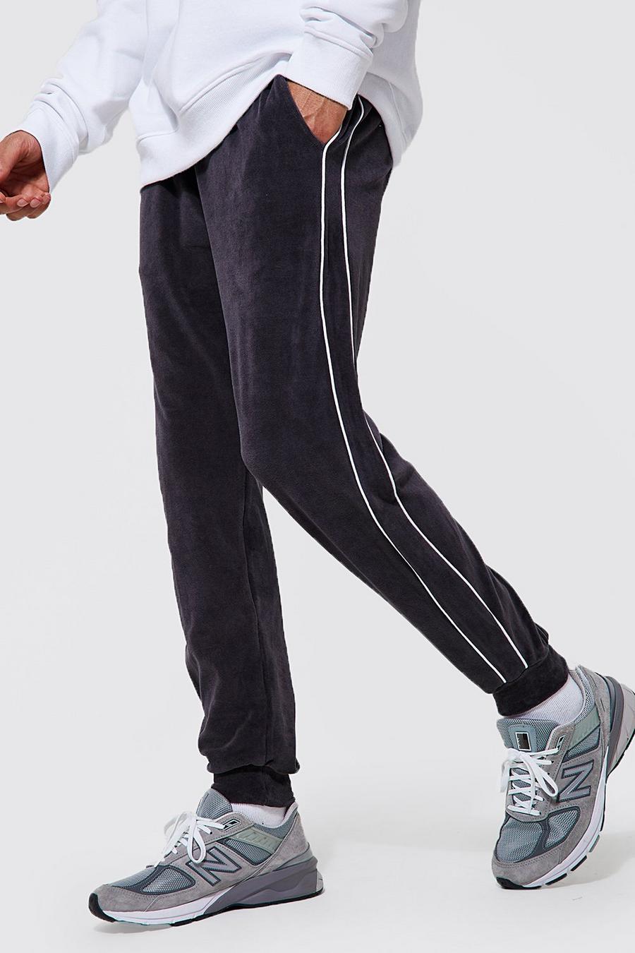 Grey Tall Tapered Velour Jogger With Piping image number 1