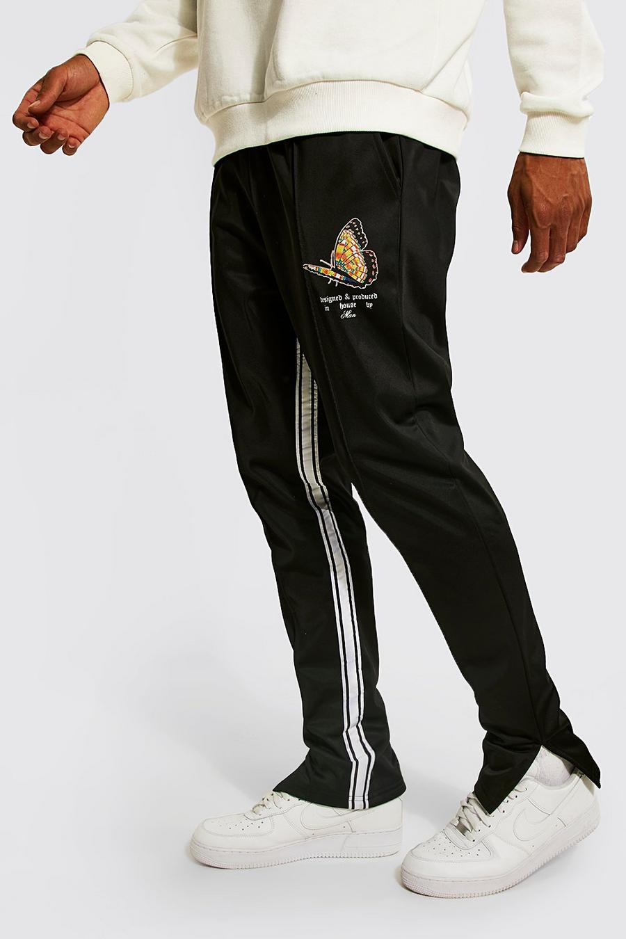 Pantaloni tuta Tall Slim Fit in tricot con striscia laterale e farfalla, Black image number 1