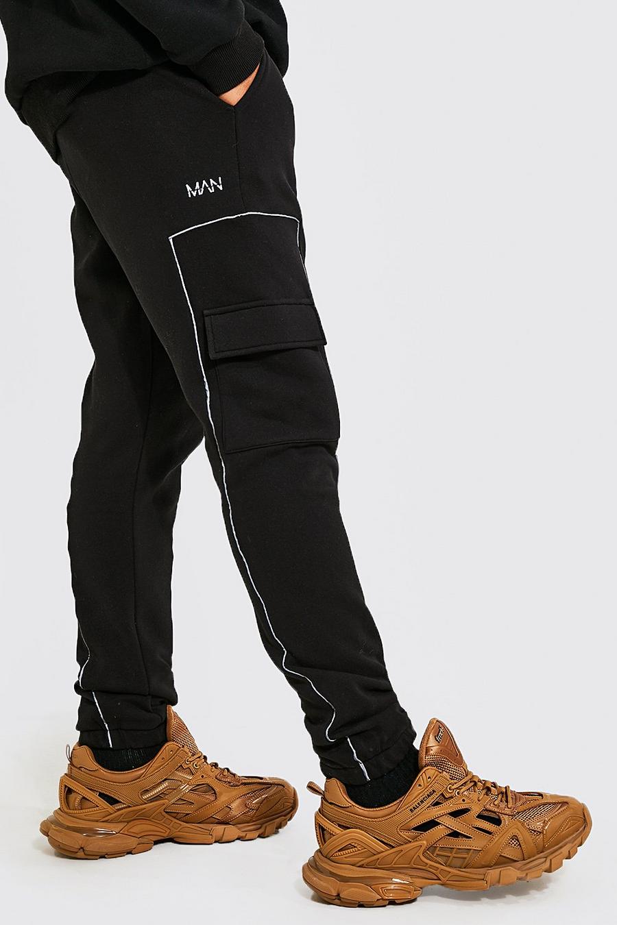 Black Tall Cargo Joggers With Reflective Piping image number 1