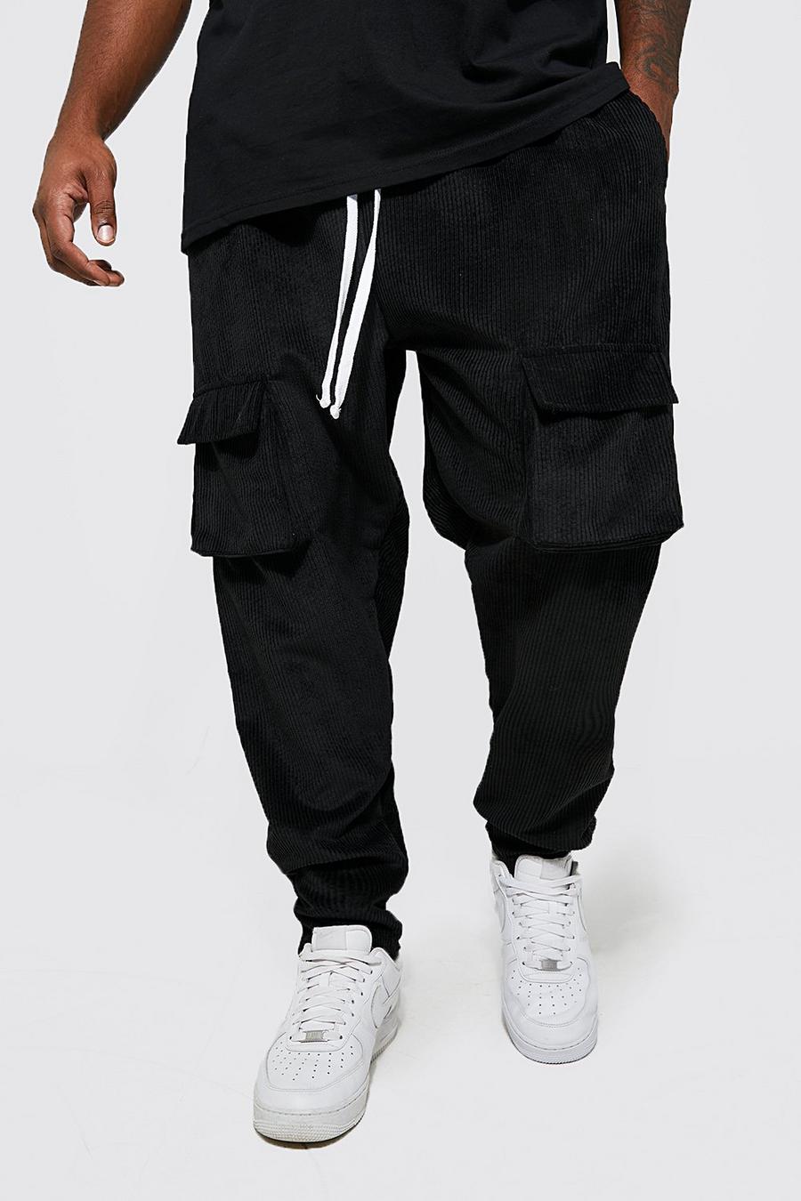 Pantaloni tuta Cargo Plus Size in velluto a coste e jersey con spacco sul fondo, Black negro image number 1