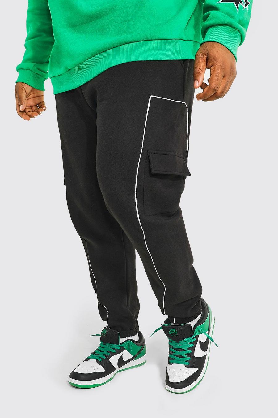 Black Plus Tapered Reflective Piping Cargo Joggers image number 1