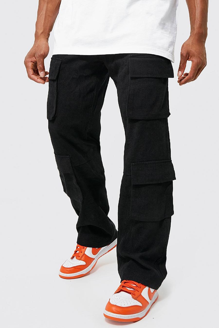 Black Relaxed Fit Multi Pocket Cord Cargo Trouser image number 1