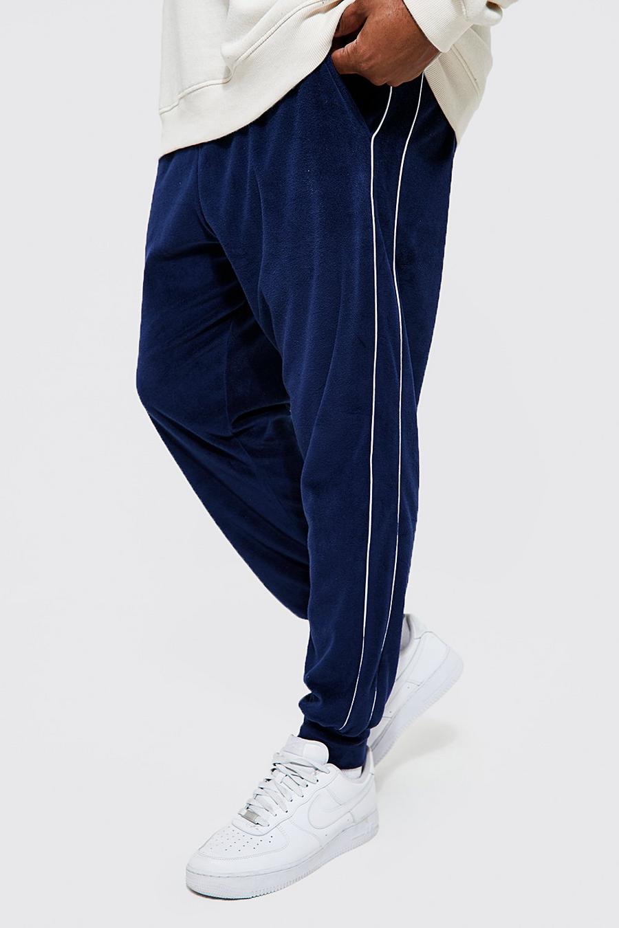 Navy Plus Tapered Velour Jogger With Piping image number 1