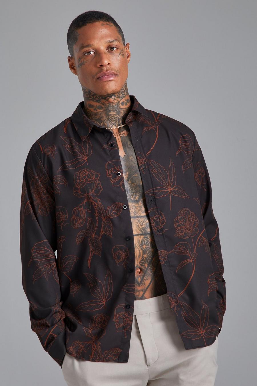 Brown brun Long Sleeve Line Skull Floral Shirt