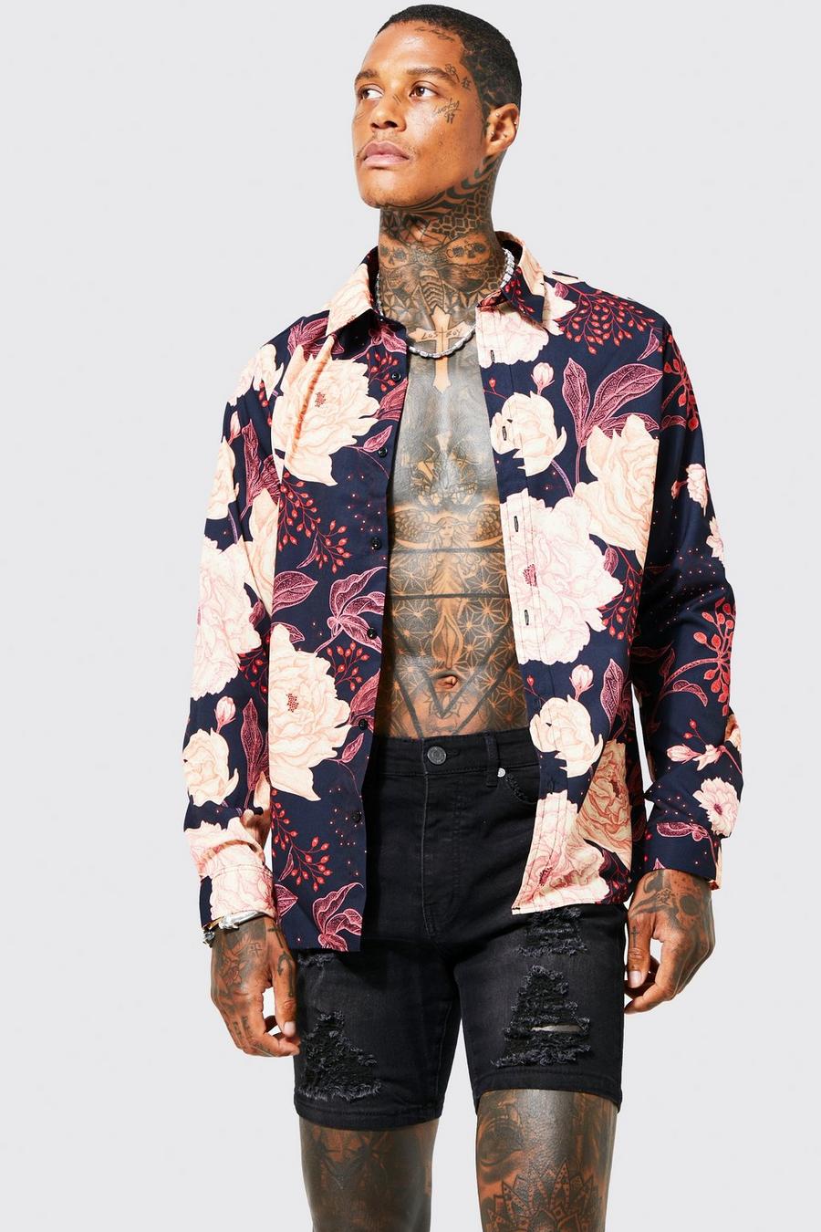 Navy Long Sleeve Floral Shirt image number 1