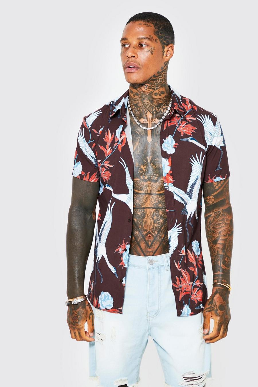 Camisa de manga corta con estampado de flores y pájaros ajustada al músculo, Brown marrón
